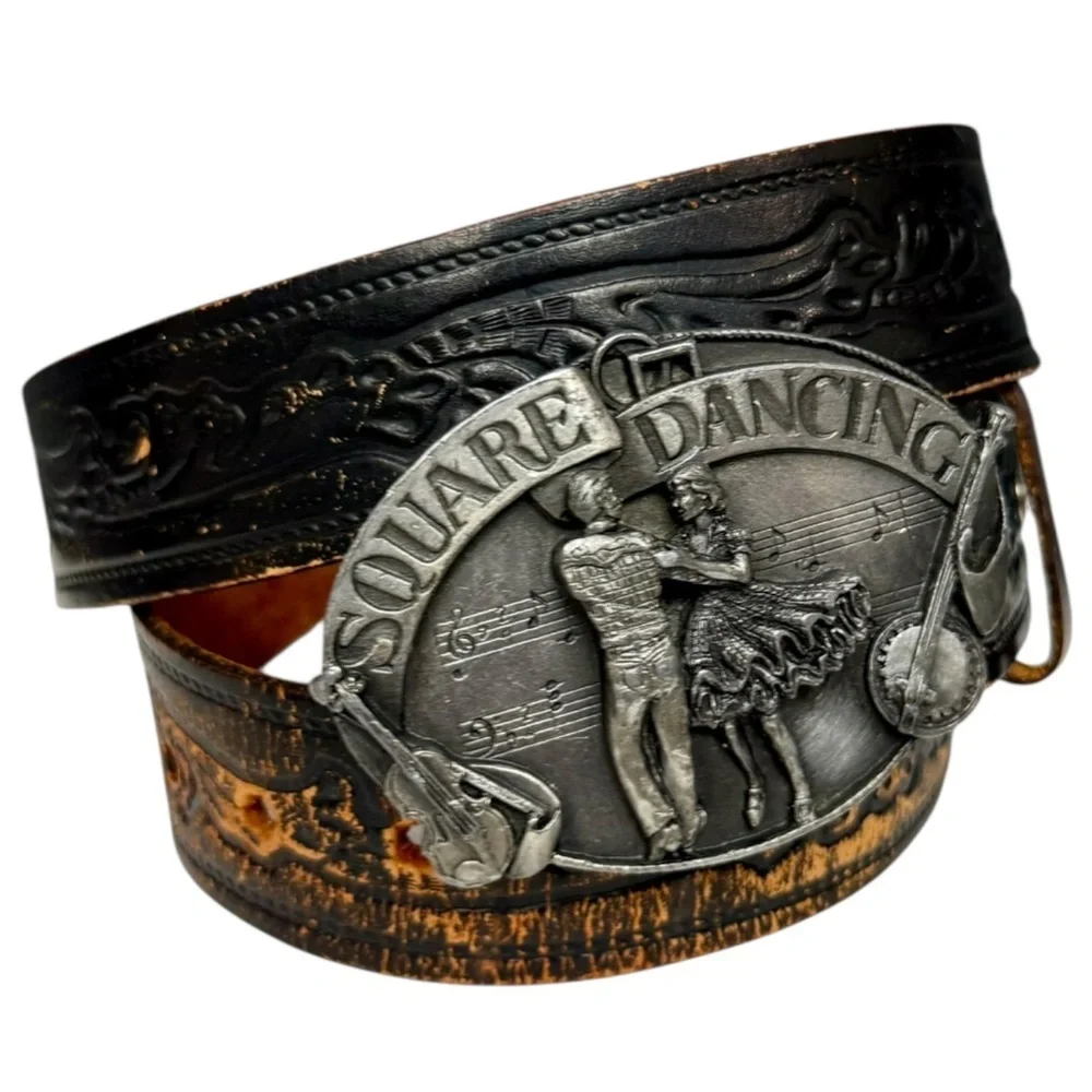 Vintage Siskiyou Black Distressed Leather Belt with Pewter Square Dancing Buckle